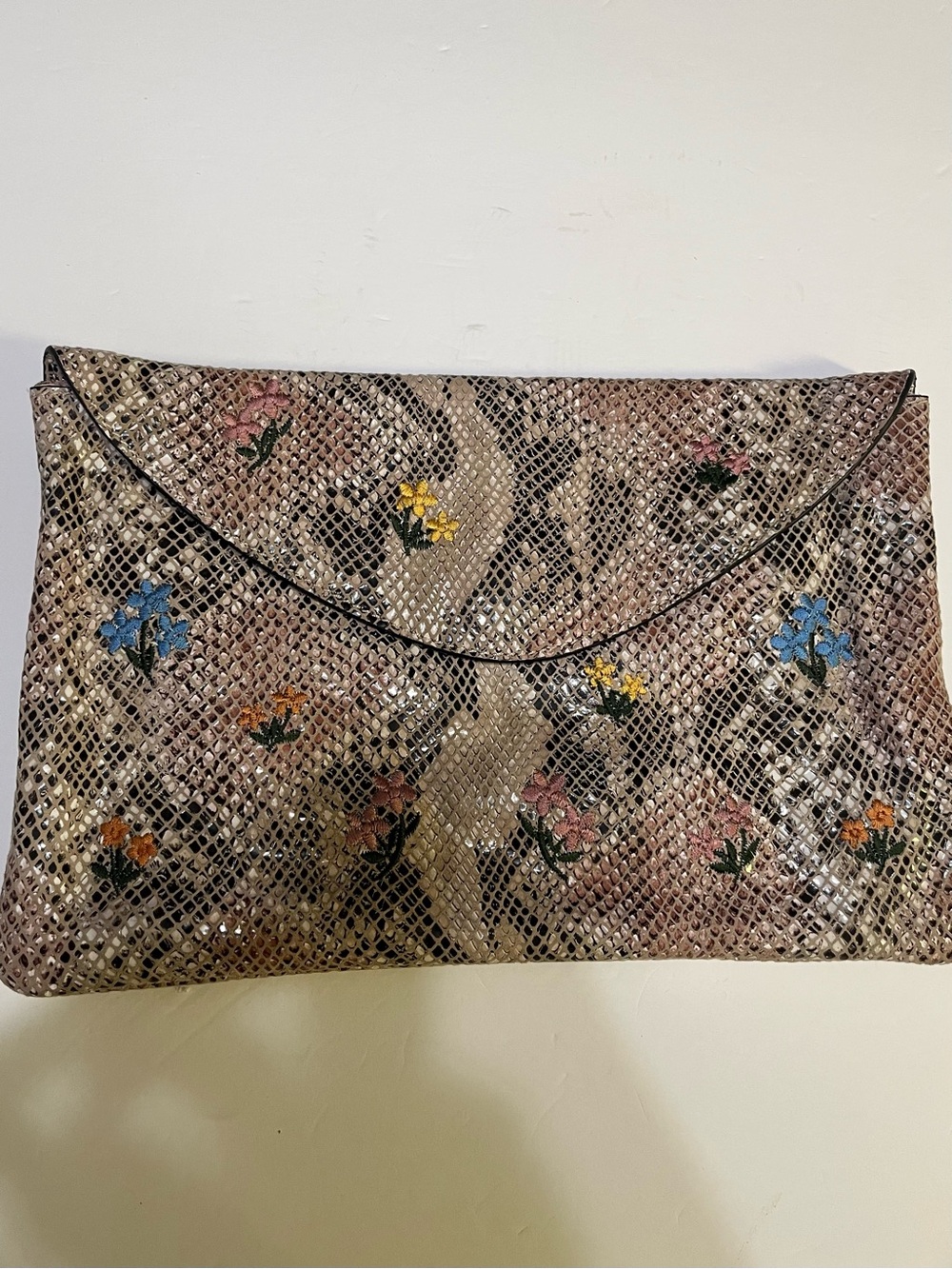 Anthropologie Pink Snake-Print Floral Embroidered Clutch